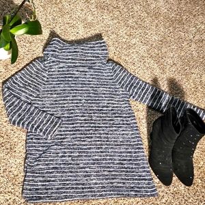 LOFT Womens 3/4 Sleeve Cowl Neck Sweater Blue Black White Marled Stripe